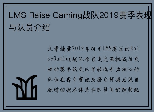 LMS Raise Gaming战队2019赛季表现与队员介绍