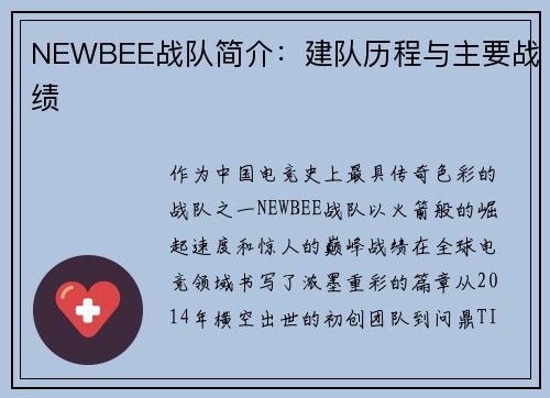 NEWBEE战队简介：建队历程与主要战绩