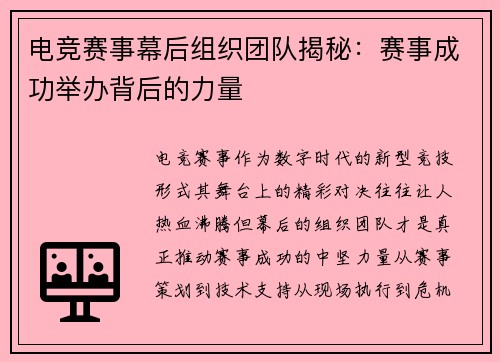 电竞赛事幕后组织团队揭秘：赛事成功举办背后的力量